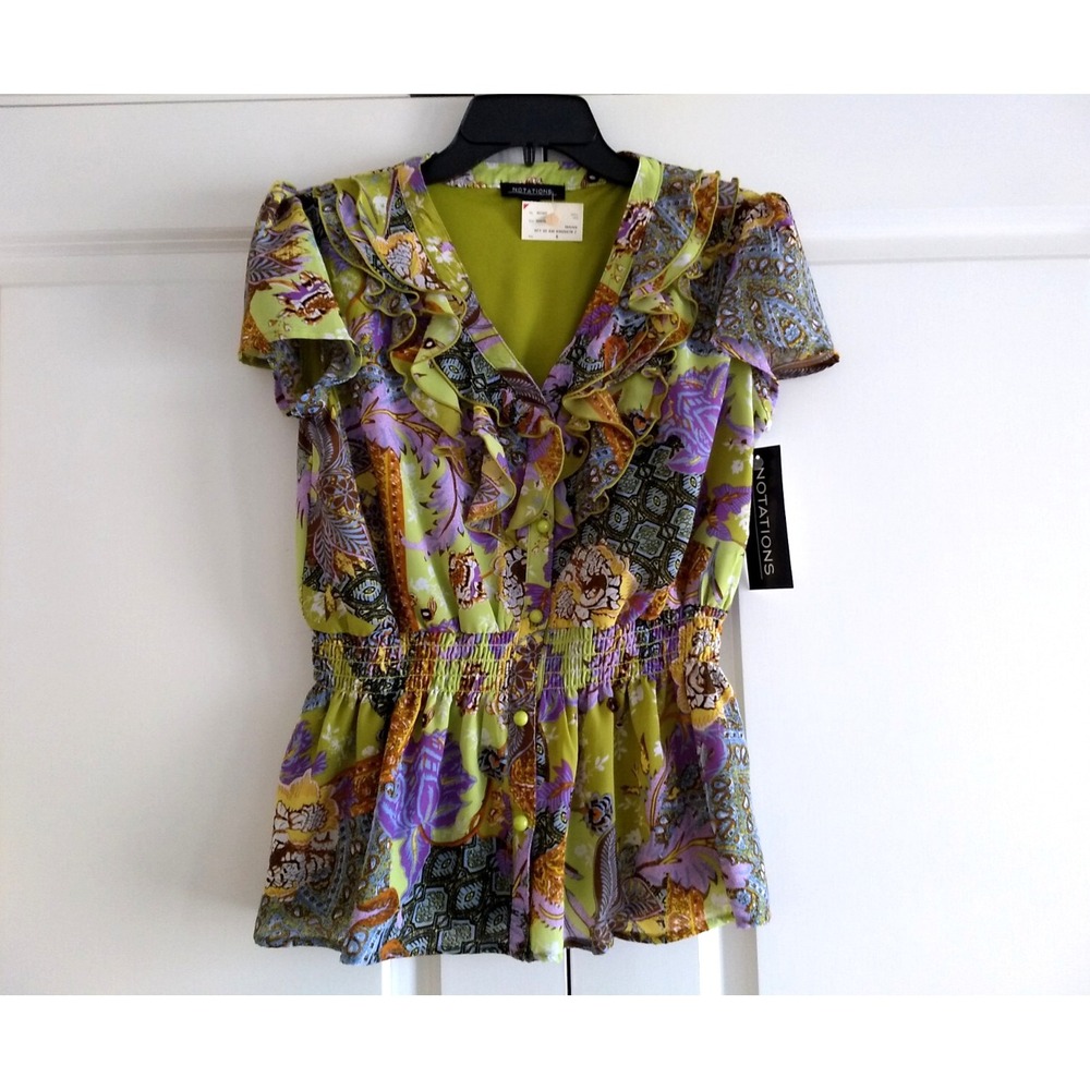 Notations Button Up Blouse Ruffles Lined Smocked Waist Lime Green‎ Purple NWT